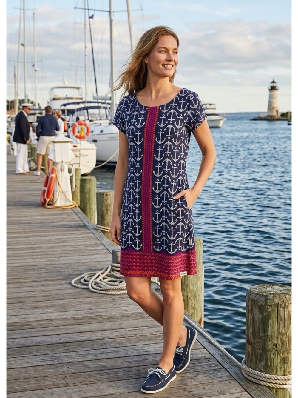 Hatley Cotton Short Sleeve Blue Anchor and Seashell Coastal Dress SZ M Nautical